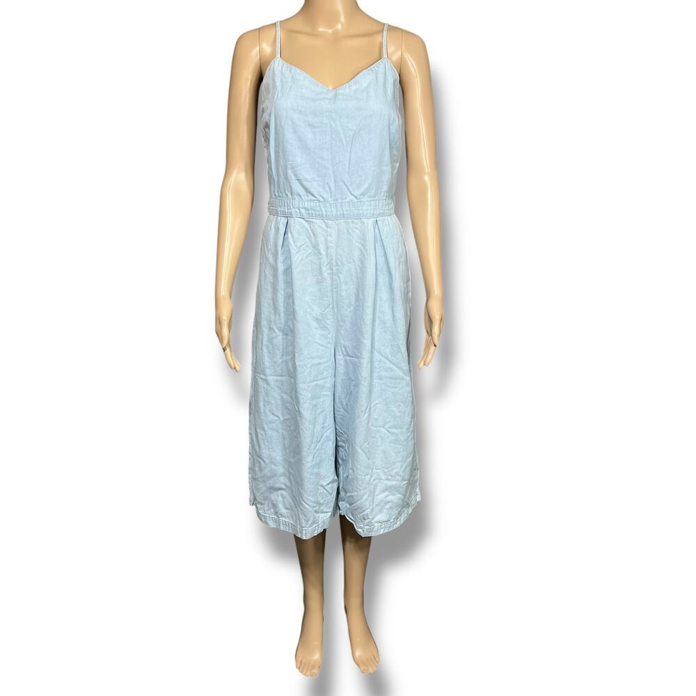 No Boundaries Womens Denim Jumpsuit Sleeveless Wide Leg Mid Calf Blue Large